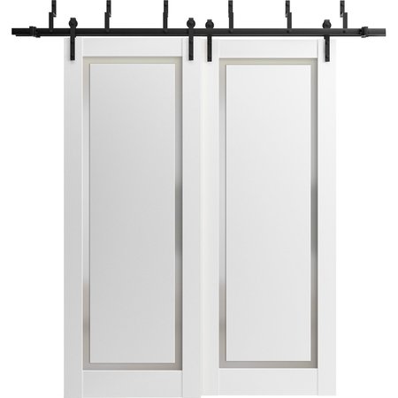 SARTODOORS Sliding Closet Barn Bypass Doors 56 x 80in, Painted White W/ Frosted Glass, Sturdy 6.6ft Rails PLANUM0888BBB-BEM-56